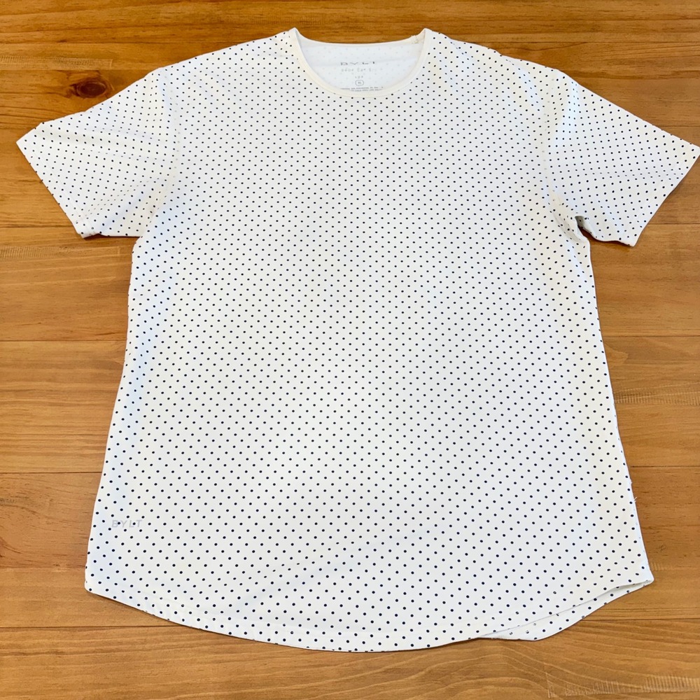BYLT Drop Cut Lux T-Shirt Mens‎ XL White Black Polka Dot Short Sleeve Curved Hem